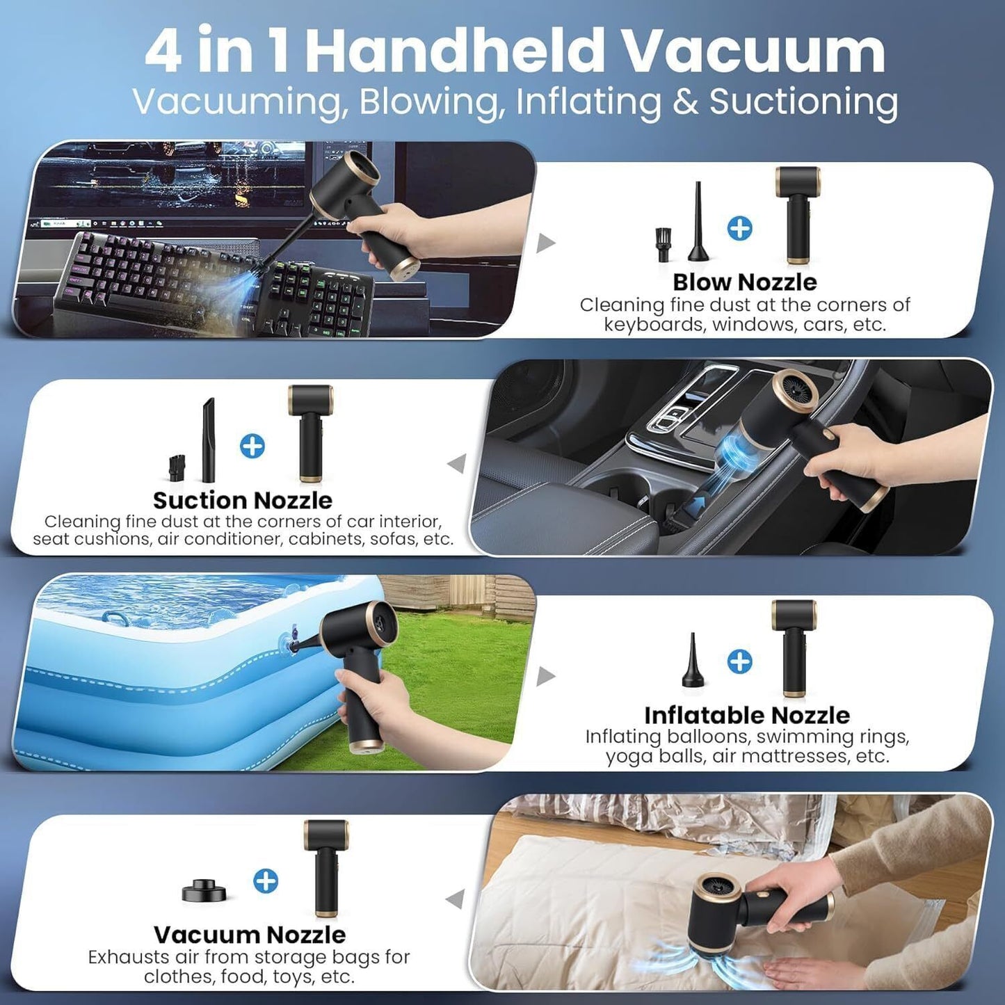 Mini 4 in 1 Upgrade Car Vacuum Cleaner Air Blower Wireless Handheld Rechargeable