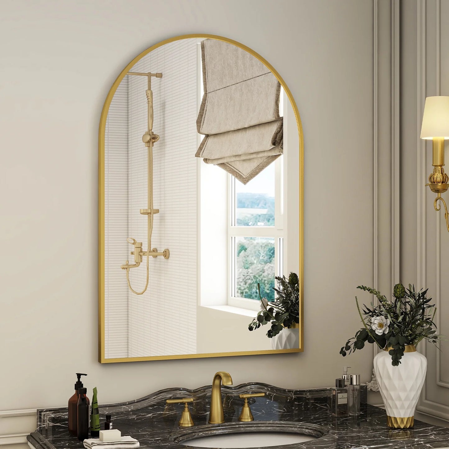 24"X 36" Bathroom Mirror Wall Vanity Arched Mirror, Gold