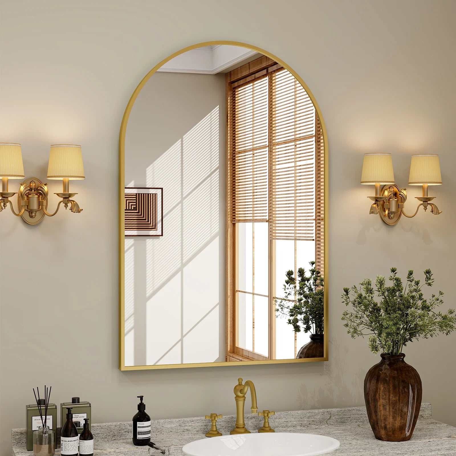 24"X 36" Bathroom Mirror Wall Vanity Arched Mirror, Gold