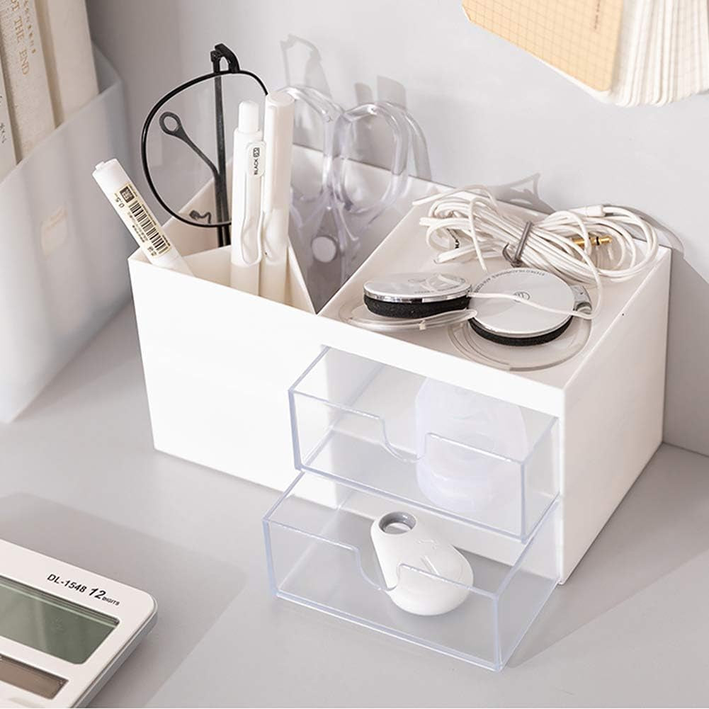 Desktop Storage Organizer Pen Holder for Desk Cute Pencil Holder with 2 Drawer Desk Organization for Office, Home, School(White)