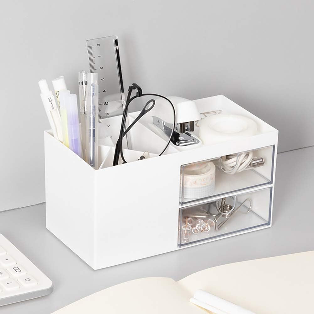 Desktop Storage Organizer Pen Holder for Desk Cute Pencil Holder with 2 Drawer Desk Organization for Office, Home, School(White)