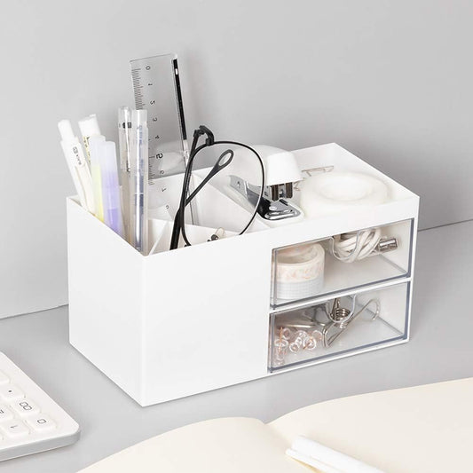 Desktop Storage Organizer Pen Holder for Desk Cute Pencil Holder with 2 Drawer Desk Organization for Office, Home, School(White)