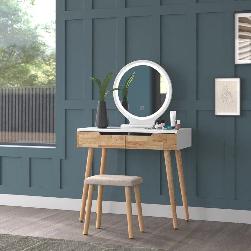 Rowell Vanity Table Set with 3 Modes Adjustable Brightness Mirror and Free Make-Up Organizer