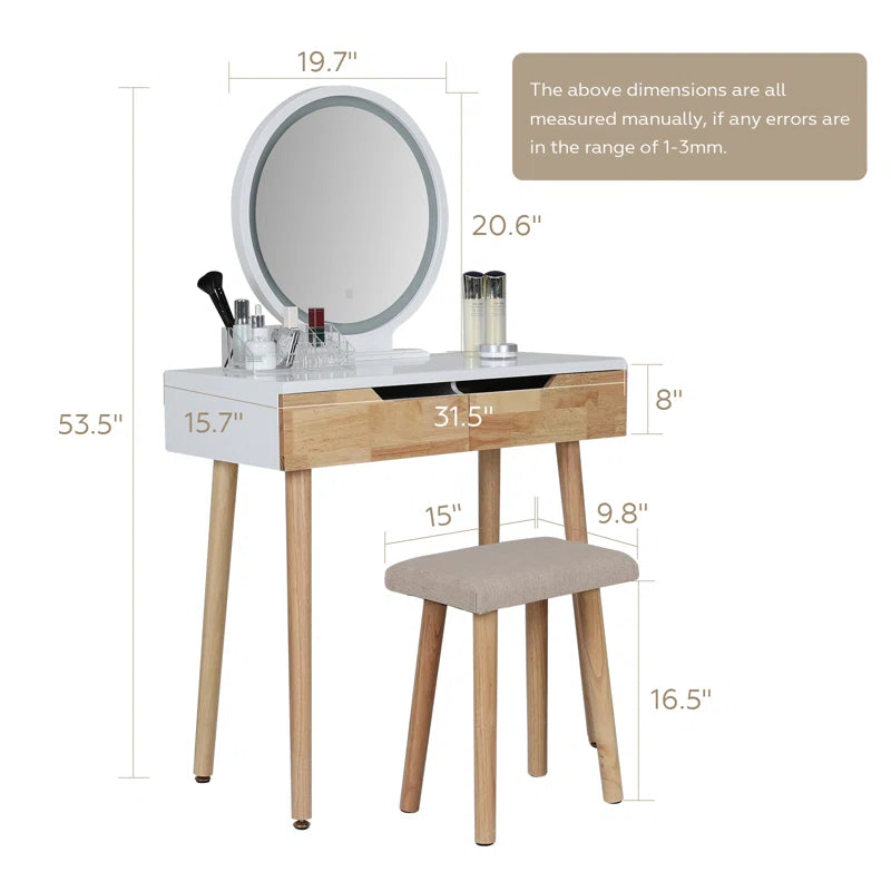 Rowell Vanity Table Set with 3 Modes Adjustable Brightness Mirror and Free Make-Up Organizer