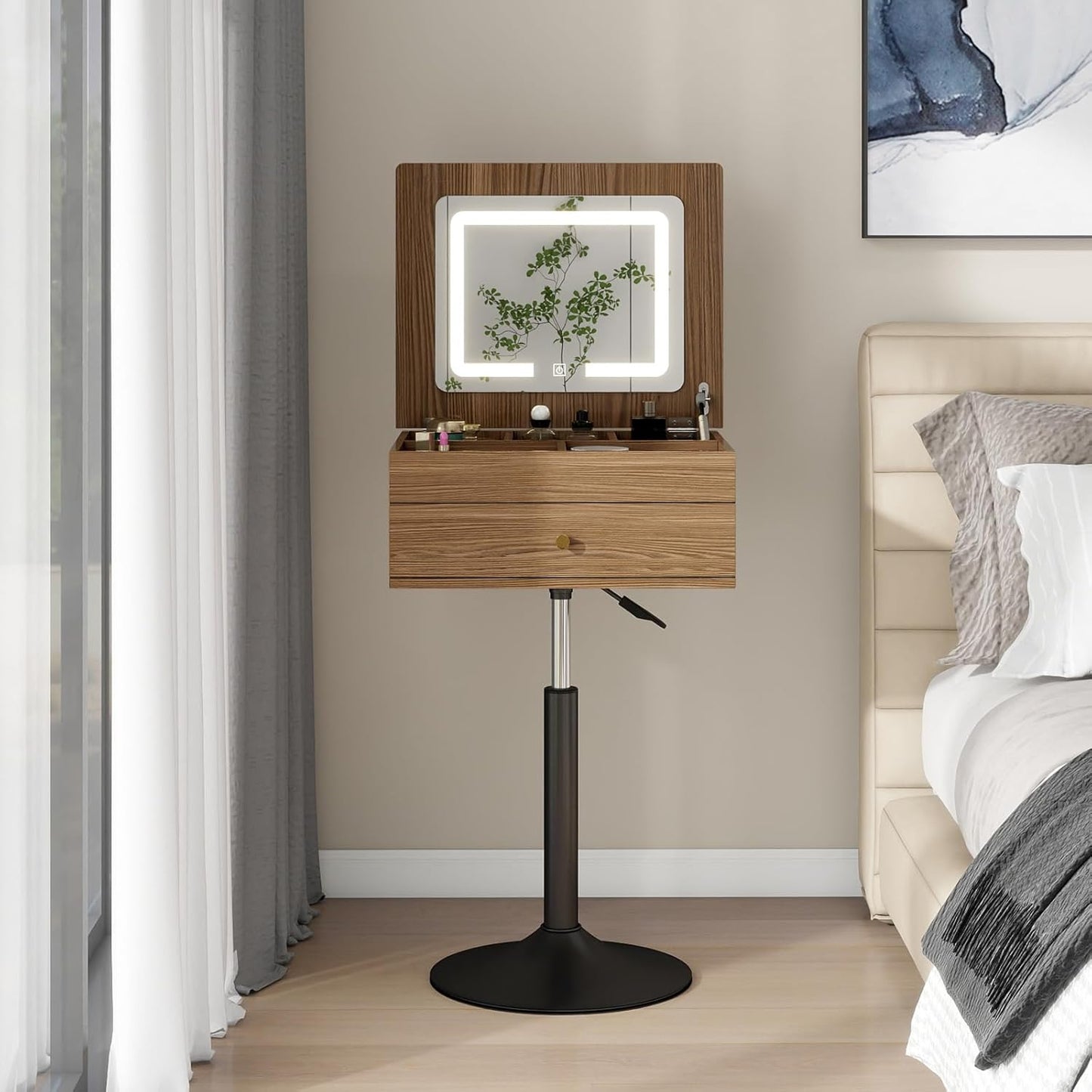 Small Vanity Desk with Adjustable Height Rotating 3 in 1 Flip Top Makeup Vanity with Mirror and Lights Mini Corner Brown Dressing Table for Bedroom