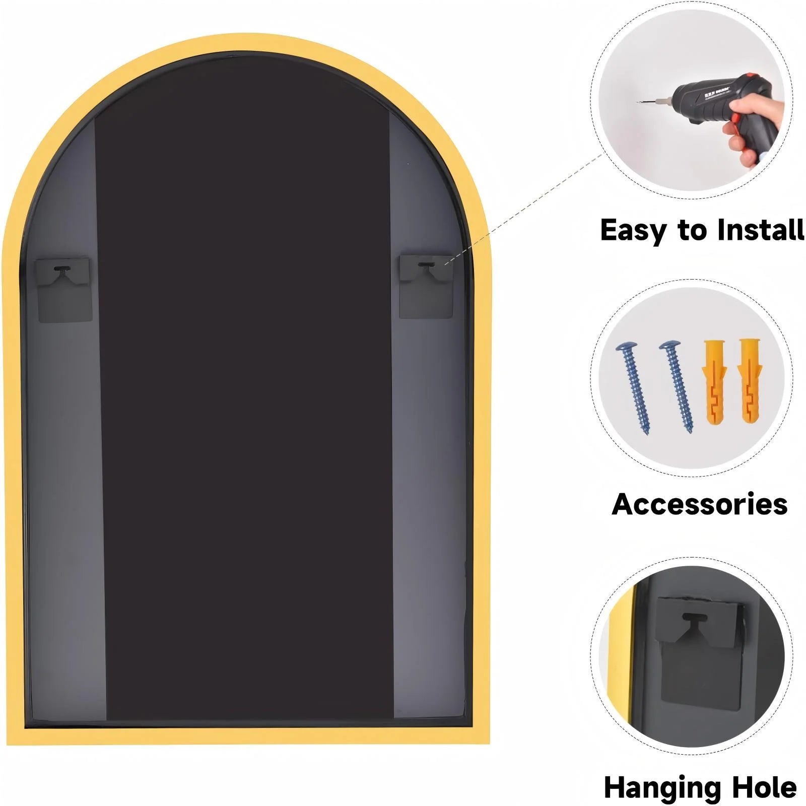 24"X 36" Bathroom Mirror Wall Vanity Arched Mirror, Gold