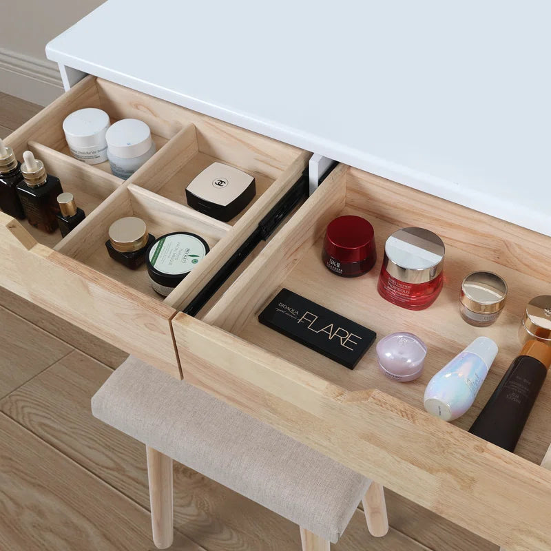 Rowell Vanity Table Set with 3 Modes Adjustable Brightness Mirror and Free Make-Up Organizer