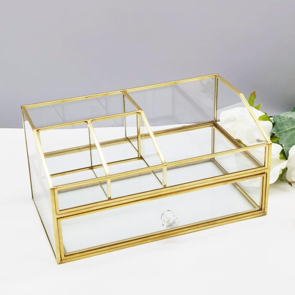 Glass Makeup Brush Holder, Makeup Brush Organizer Jewelry Display Box, Nordic Style Elegant Glass Makeup Organizer Nail Polish Lipsticks Eyeliners Holder for Vanity Bathroom Bedroom Office