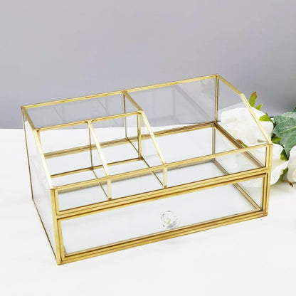 Glass Makeup Brush Holder, Makeup Brush Organizer Jewelry Display Box, Nordic Style Elegant Glass Makeup Organizer Nail Polish Lipsticks Eyeliners Holder for Vanity Bathroom Bedroom Office
