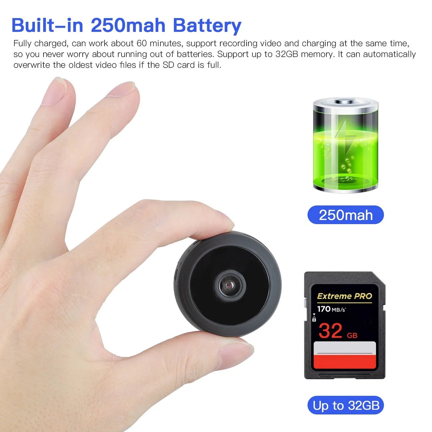 Mini Wireless Security Camera, Full HD 720P Portable Small HD Nanny Cam with Night Vision, Video Record and Motion Detection for Home Car Drone Office and Outdoor Use