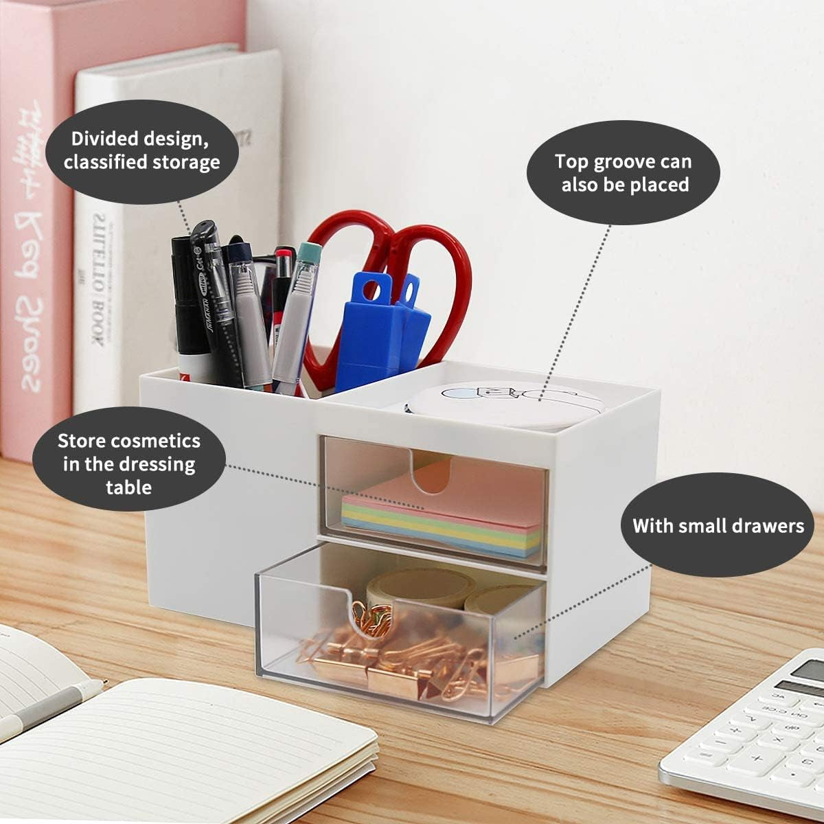 Desktop Storage Organizer Pen Holder for Desk Cute Pencil Holder with 2 Drawer Desk Organization for Office, Home, School(White)