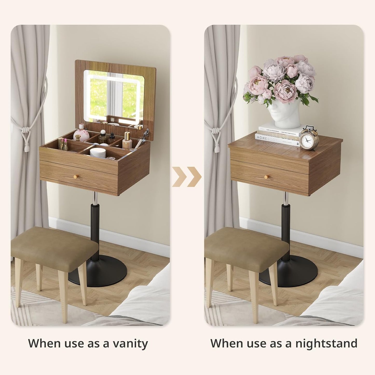 Small Vanity Desk with Adjustable Height Rotating 3 in 1 Flip Top Makeup Vanity with Mirror and Lights Mini Corner Brown Dressing Table for Bedroom