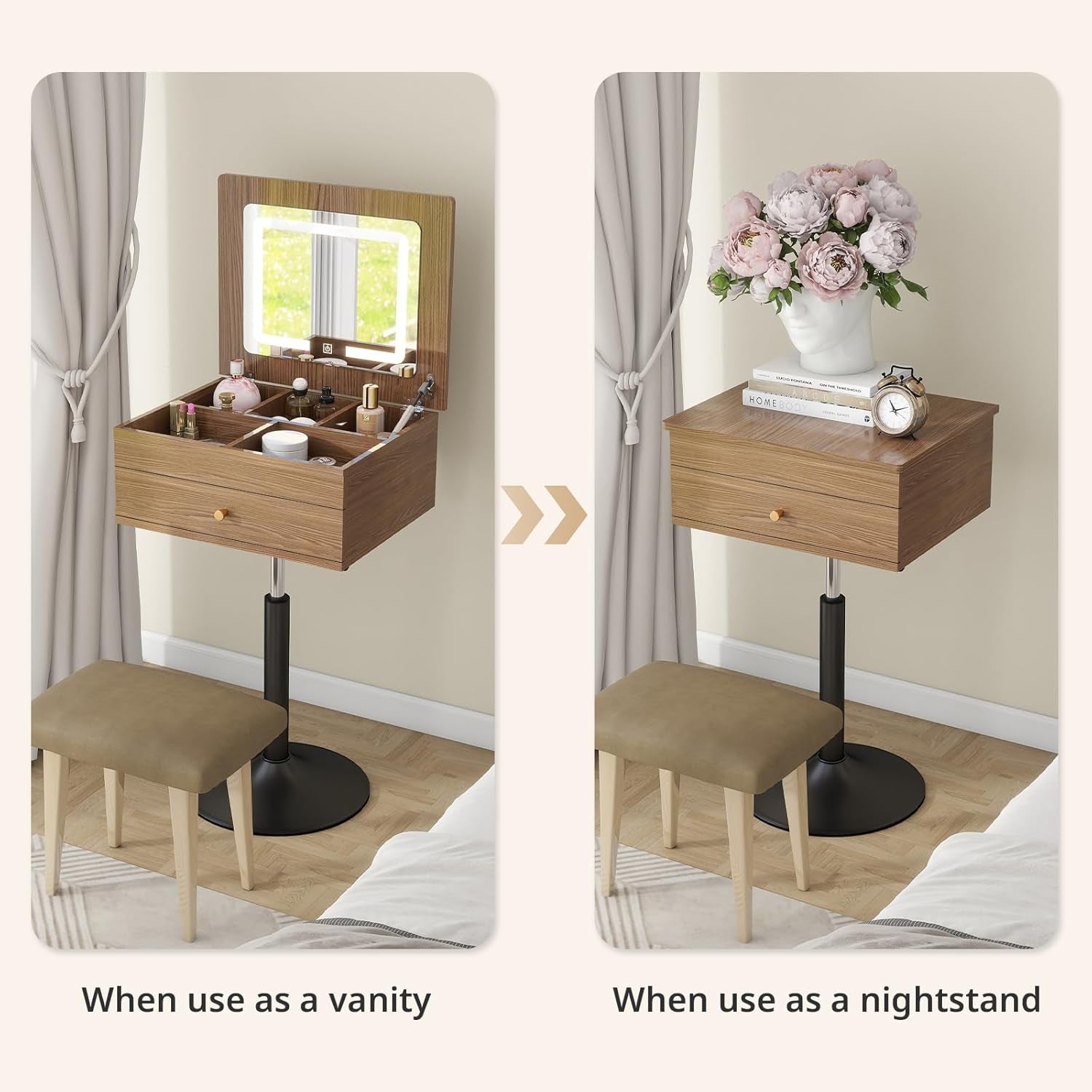 Small Vanity Desk with Adjustable Height Rotating 3 in 1 Flip Top Makeup Vanity with Mirror and Lights Mini Corner Brown Dressing Table for Bedroom