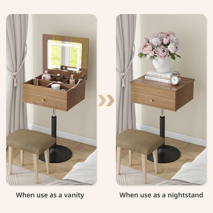 Small Vanity Desk with Adjustable Height Rotating 3 in 1 Flip Top Makeup Vanity with Mirror and Lights Mini Corner Brown Dressing Table for Bedroom