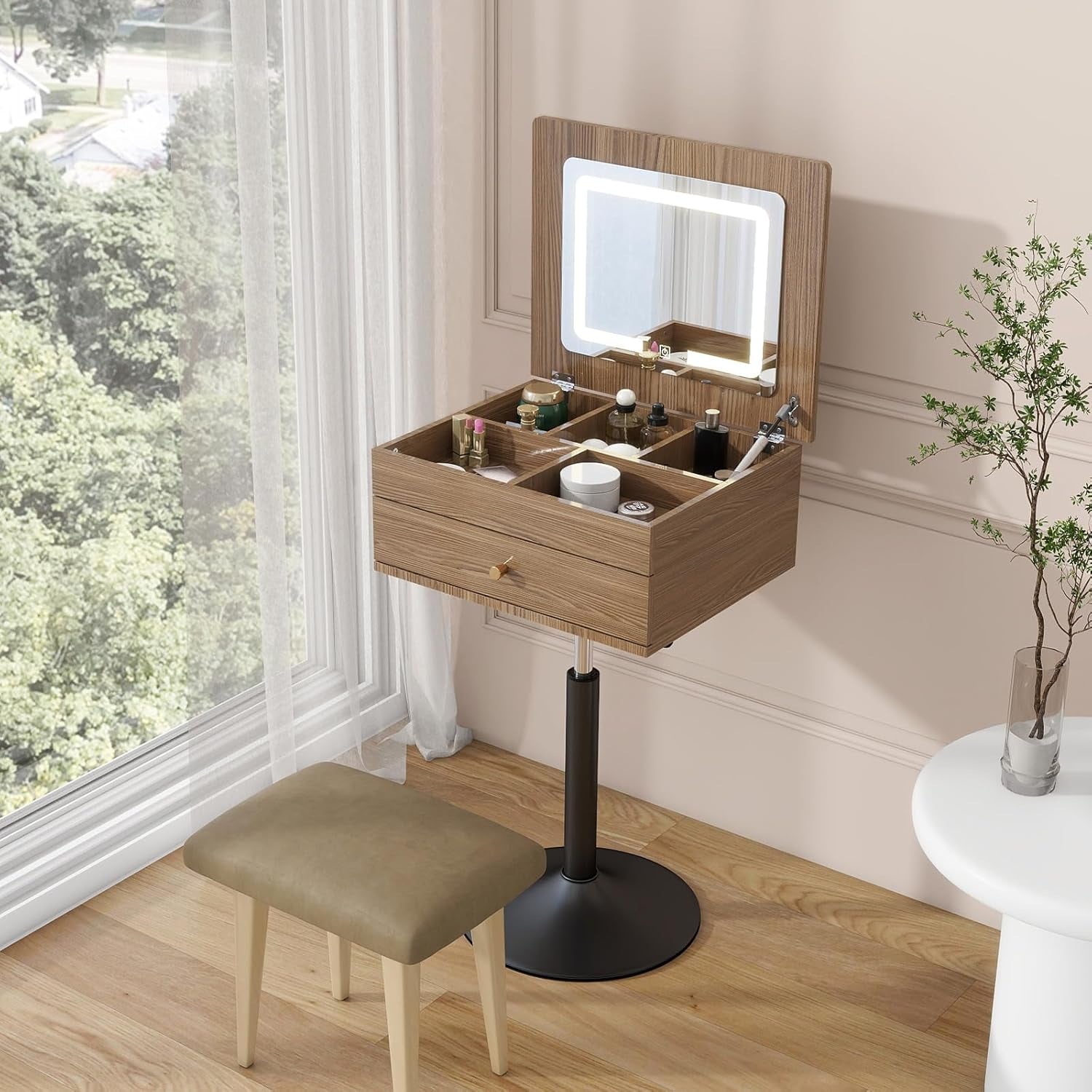 Small Vanity Desk with Adjustable Height Rotating 3 in 1 Flip Top Makeup Vanity with Mirror and Lights Mini Corner Brown Dressing Table for Bedroom