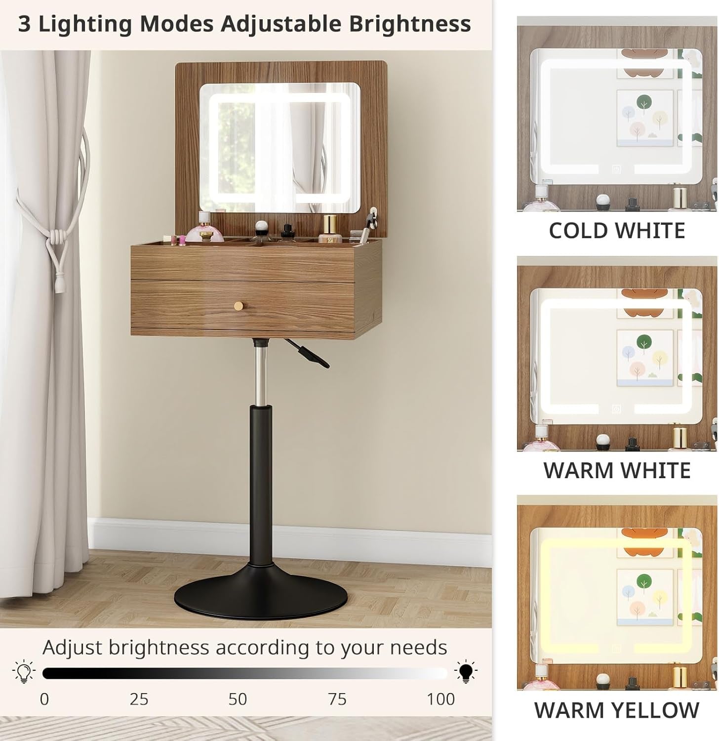 Small Vanity Desk with Adjustable Height Rotating 3 in 1 Flip Top Makeup Vanity with Mirror and Lights Mini Corner Brown Dressing Table for Bedroom