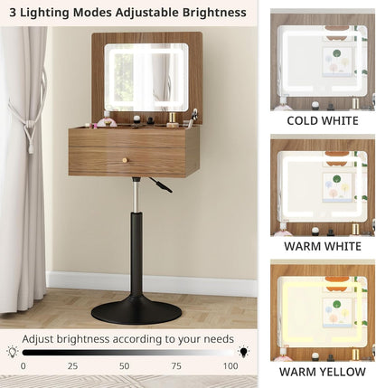 Small Vanity Desk with Adjustable Height Rotating 3 in 1 Flip Top Makeup Vanity with Mirror and Lights Mini Corner Brown Dressing Table for Bedroom