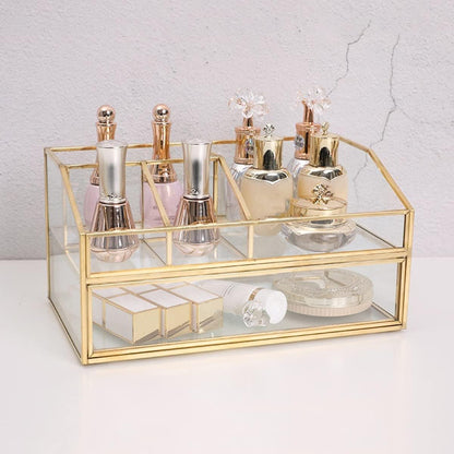 Glass Makeup Brush Holder, Makeup Brush Organizer Jewelry Display Box, Nordic Style Elegant Glass Makeup Organizer Nail Polish Lipsticks Eyeliners Holder for Vanity Bathroom Bedroom Office