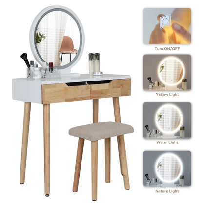 Rowell Vanity Table Set with 3 Modes Adjustable Brightness Mirror and Free Make-Up Organizer
