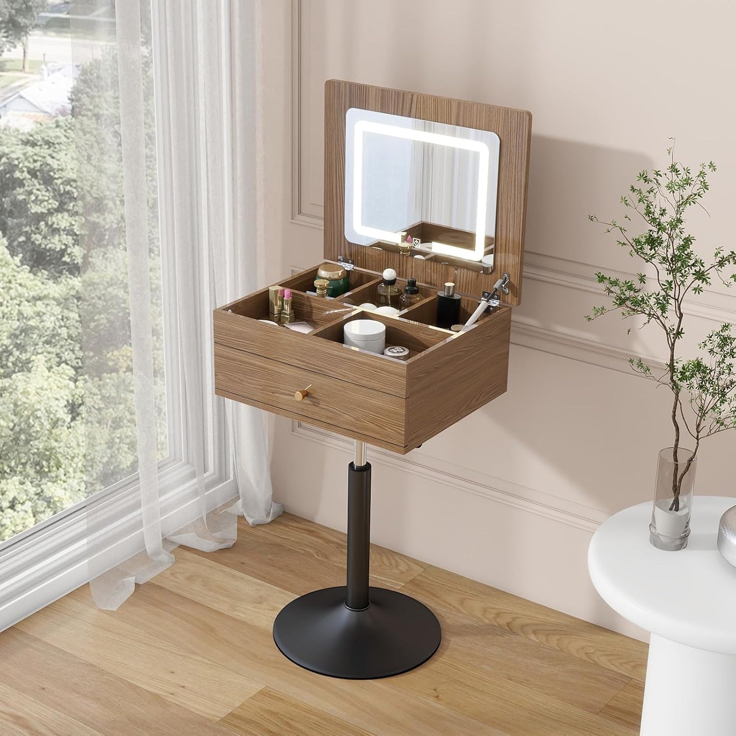 Small Vanity Desk with Adjustable Height Rotating 3 in 1 Flip Top Makeup Vanity with Mirror and Lights Mini Corner Brown Dressing Table for Bedroom