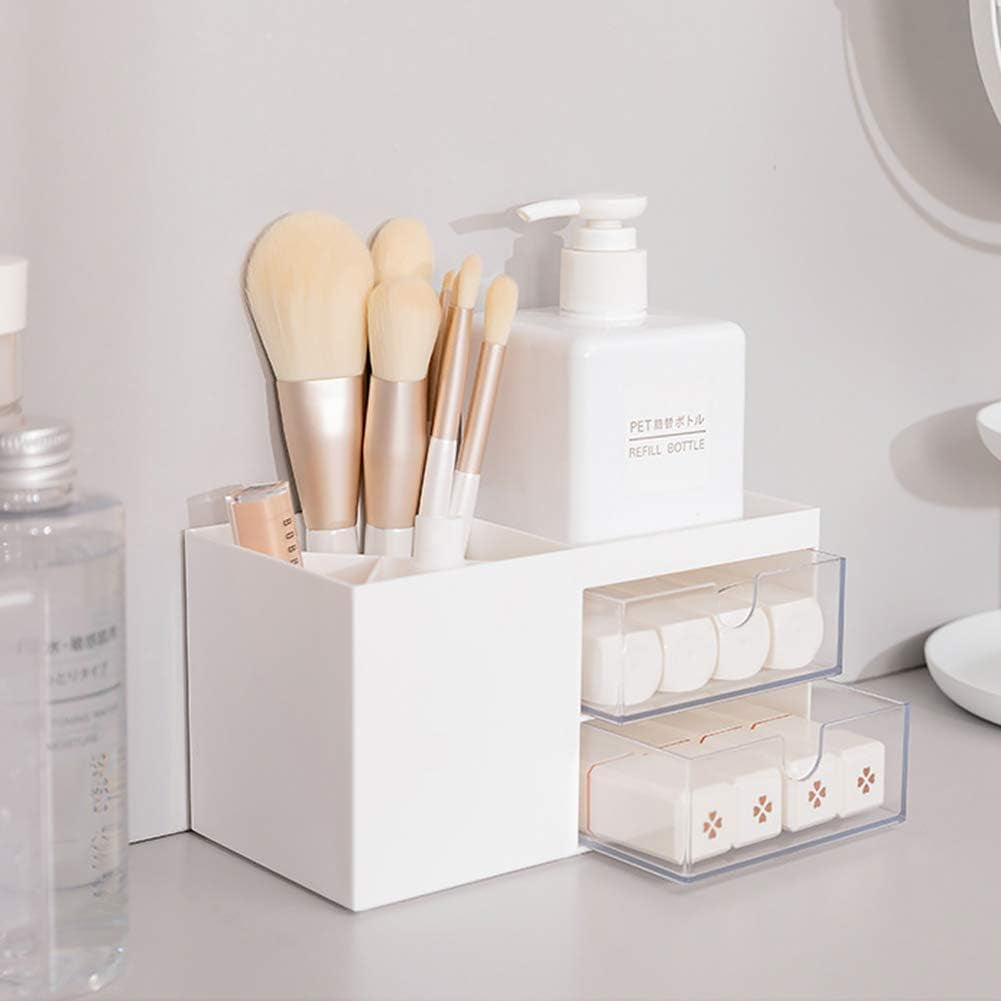 Desktop Storage Organizer Pen Holder for Desk Cute Pencil Holder with 2 Drawer Desk Organization for Office, Home, School(White)