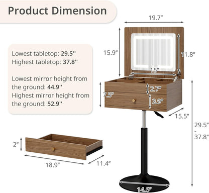 Small Vanity Desk with Adjustable Height Rotating 3 in 1 Flip Top Makeup Vanity with Mirror and Lights Mini Corner Brown Dressing Table for Bedroom