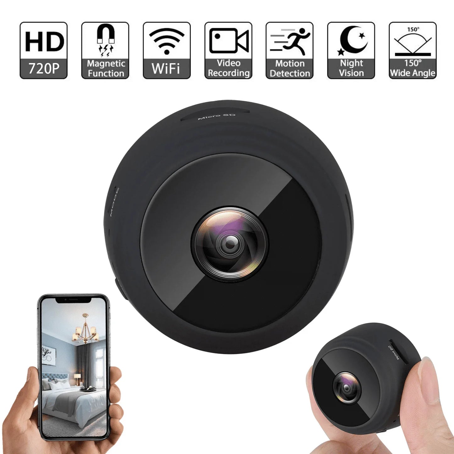 Mini Wireless Security Camera, Full HD 720P Portable Small HD Nanny Cam with Night Vision, Video Record and Motion Detection for Home Car Drone Office and Outdoor Use