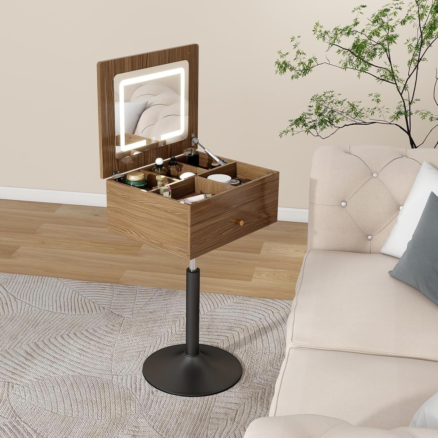 Small Vanity Desk with Adjustable Height Rotating 3 in 1 Flip Top Makeup Vanity with Mirror and Lights Mini Corner Brown Dressing Table for Bedroom