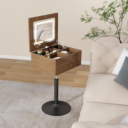 Small Vanity Desk with Adjustable Height Rotating 3 in 1 Flip Top Makeup Vanity with Mirror and Lights Mini Corner Brown Dressing Table for Bedroom