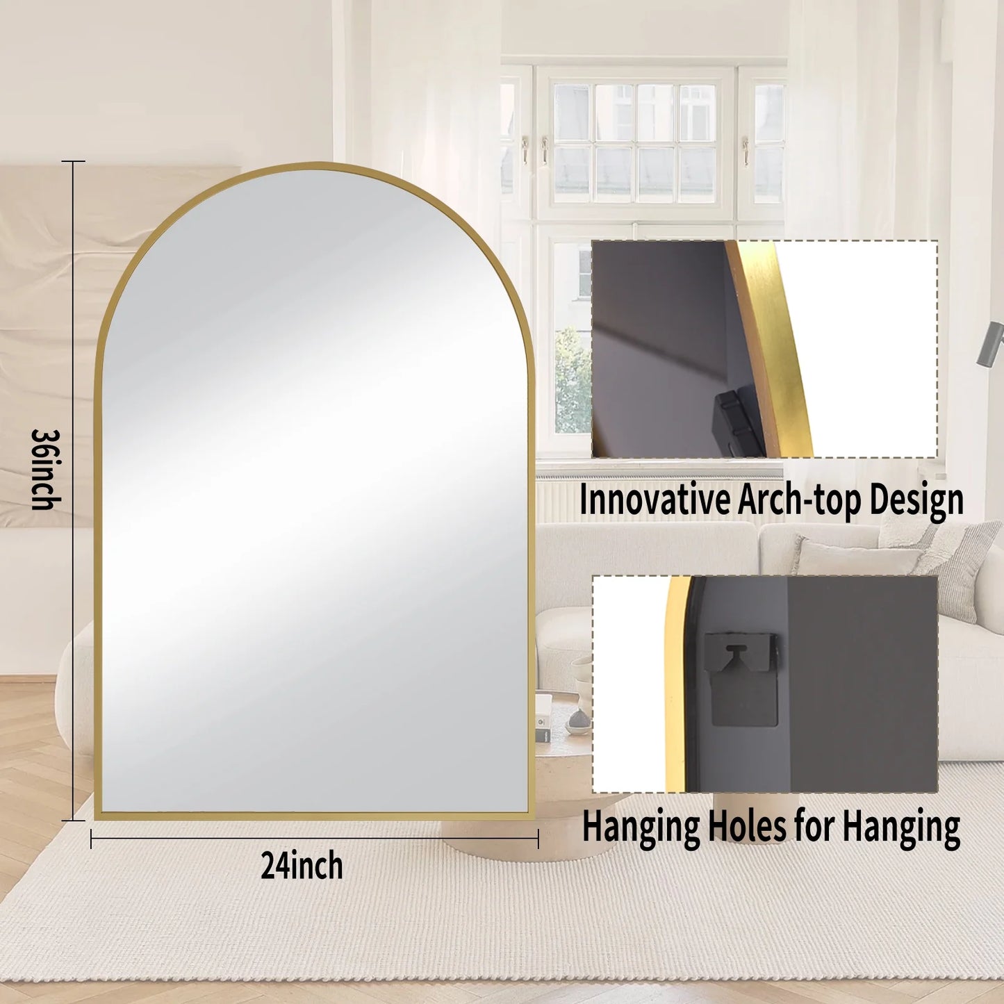 24"X 36" Bathroom Mirror Wall Vanity Arched Mirror, Gold