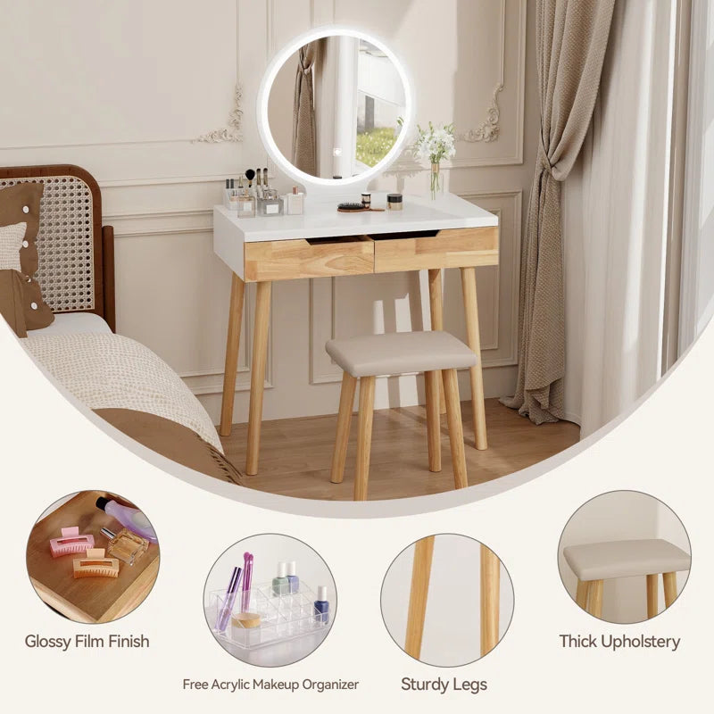 Rowell Vanity Table Set with 3 Modes Adjustable Brightness Mirror and Free Make-Up Organizer