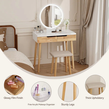Rowell Vanity Table Set with 3 Modes Adjustable Brightness Mirror and Free Make-Up Organizer