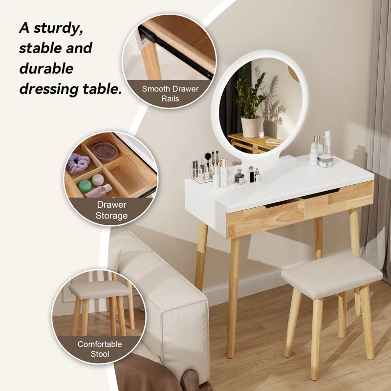 Rowell Vanity Table Set with 3 Modes Adjustable Brightness Mirror and Free Make-Up Organizer