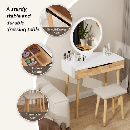 Rowell Vanity Table Set with 3 Modes Adjustable Brightness Mirror and Free Make-Up Organizer
